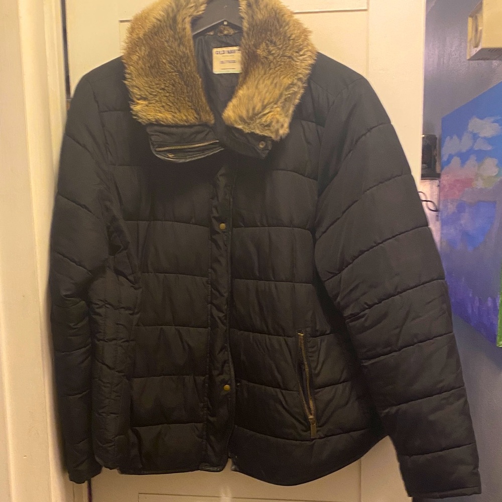 Old Navy Black Puffer Coat with Tan Faux Fur